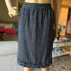 CHANEL PENCIL TWEED EMBELLISHED NAVY WHITE BLACK FRINGE SKIRT size 44
